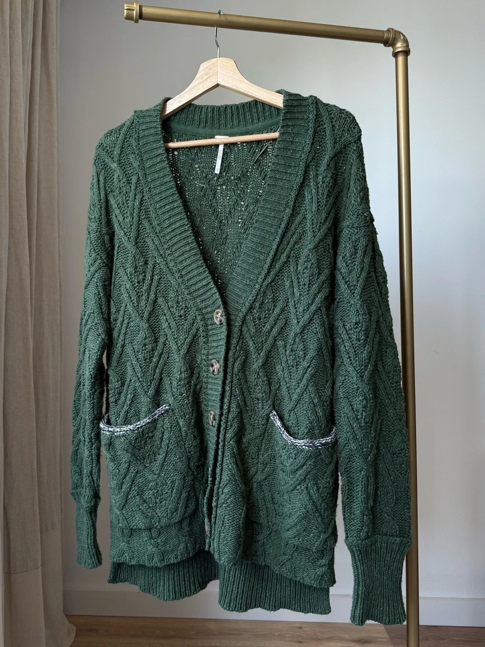 Free People Montana Cable Knit Cardigan Green Oversized XS